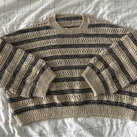 100% handmade sweater! 
Striped Beige and Black Women's Sweater - Picture 4 of 5